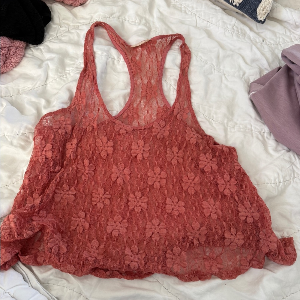 Crystal K Coral Lace Racerback Tank